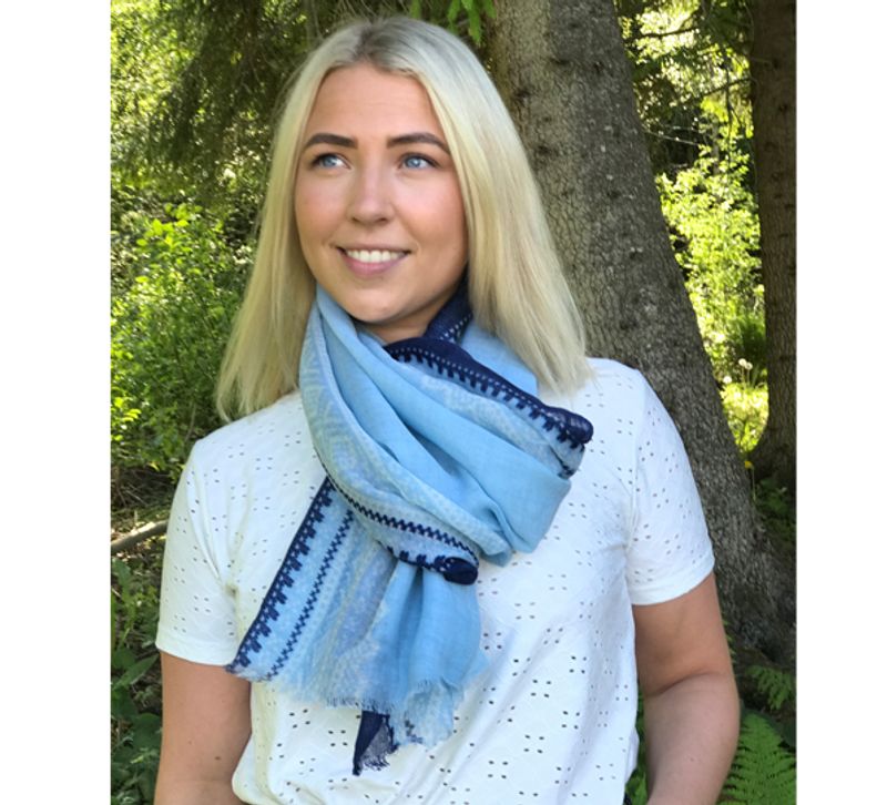 Wool scarf, MARIUS® pattern, light blue/white/blue