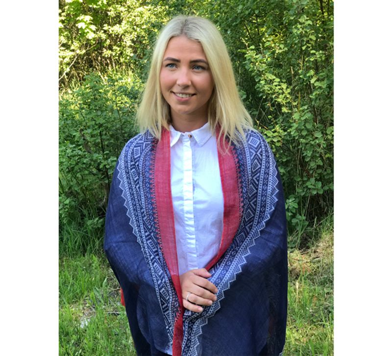 Wool scarf, MARIUS® pattern, blue/red/white