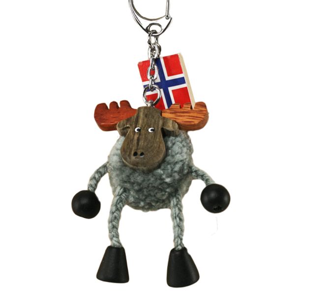 Main Image Keychain with gray pompom moose, dangling legs