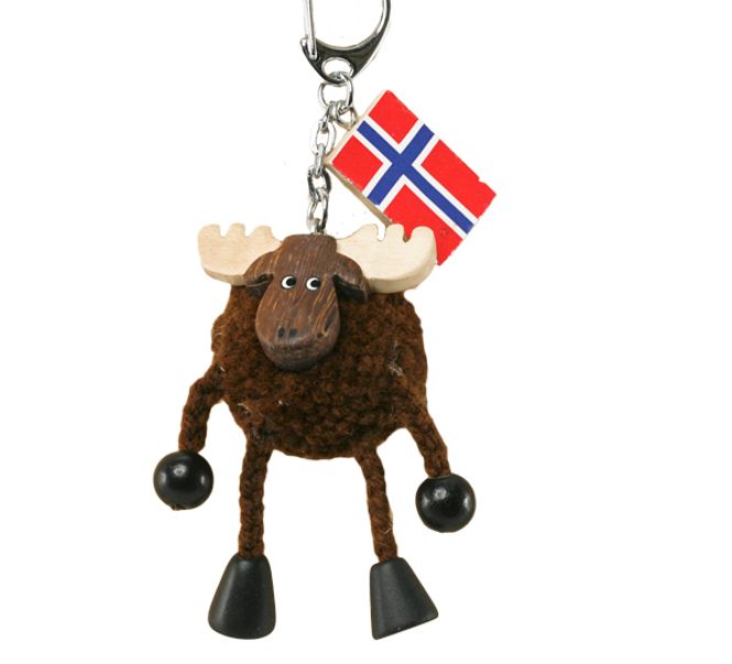 Main Image Keychain with brown pompom moose, dangling legs