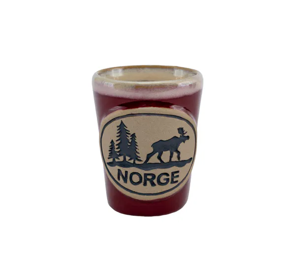 Hovedbilde Snapsglass av keramikk, elg i skogen, rød