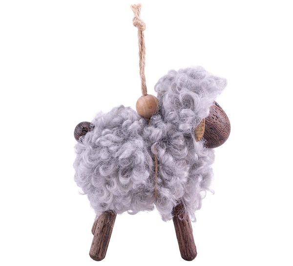 Hovedbilde Sau av tre med grå ull, hengende