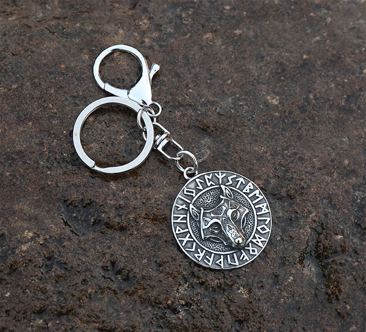 Viking keychain, Fenrir wolf and runes